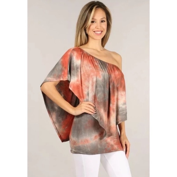 Rust Gray Multi Way Tie Dye Boho One Shoulder Top - Picture 2 of 8